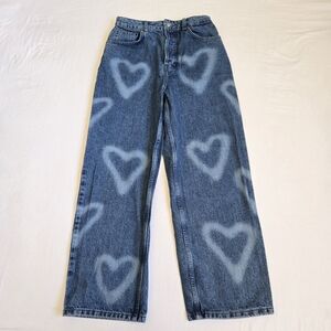 Topshop Oversized Mom Jeans Bleached Hearts Blue Button Fly Loose Fit 28 Petite